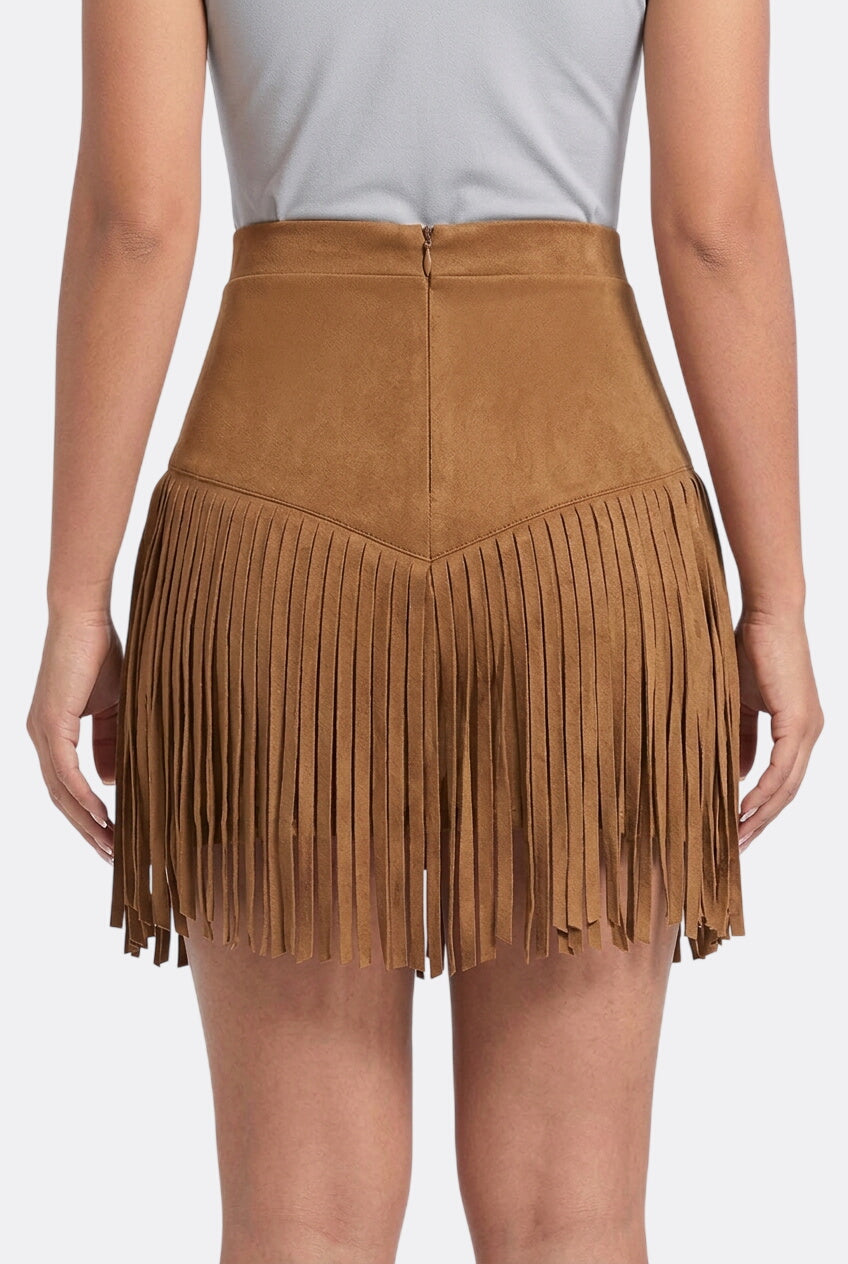 Women’s High-Waisted Mini Skirt with V-Shaped Fringe Hem