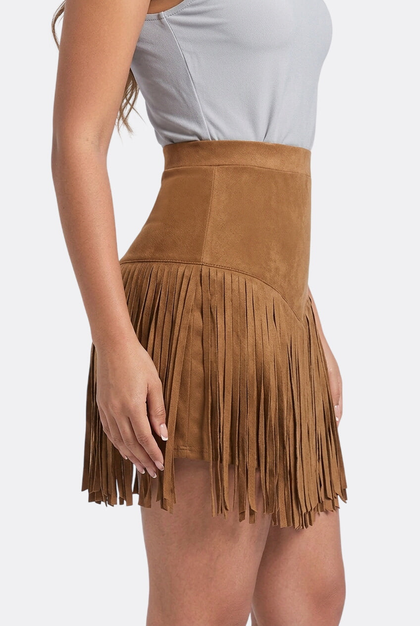 Women’s High-Waisted Mini Skirt with V-Shaped Fringe Hem