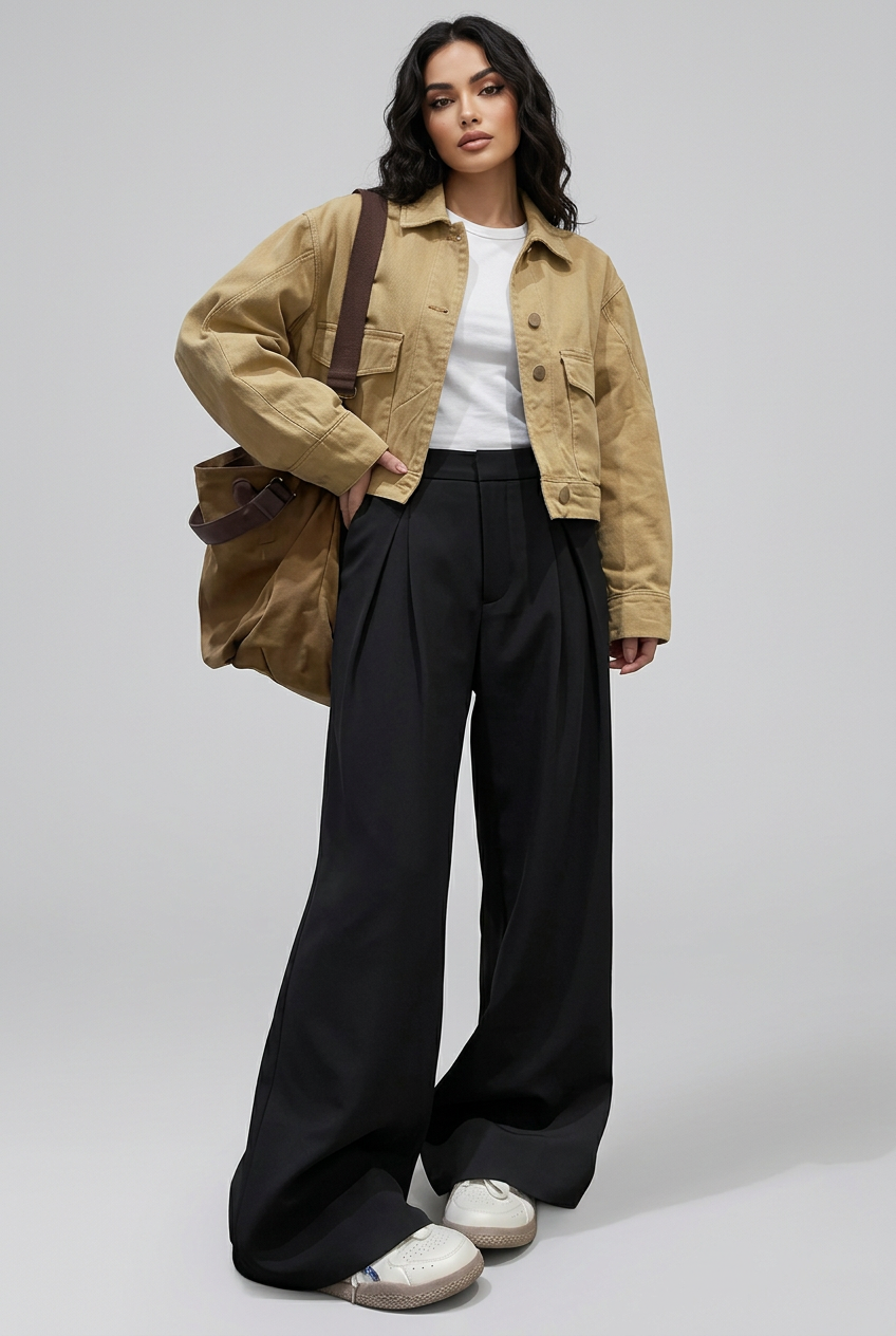 Women’s High Rise Wide Leg Trousers with Pleated Front