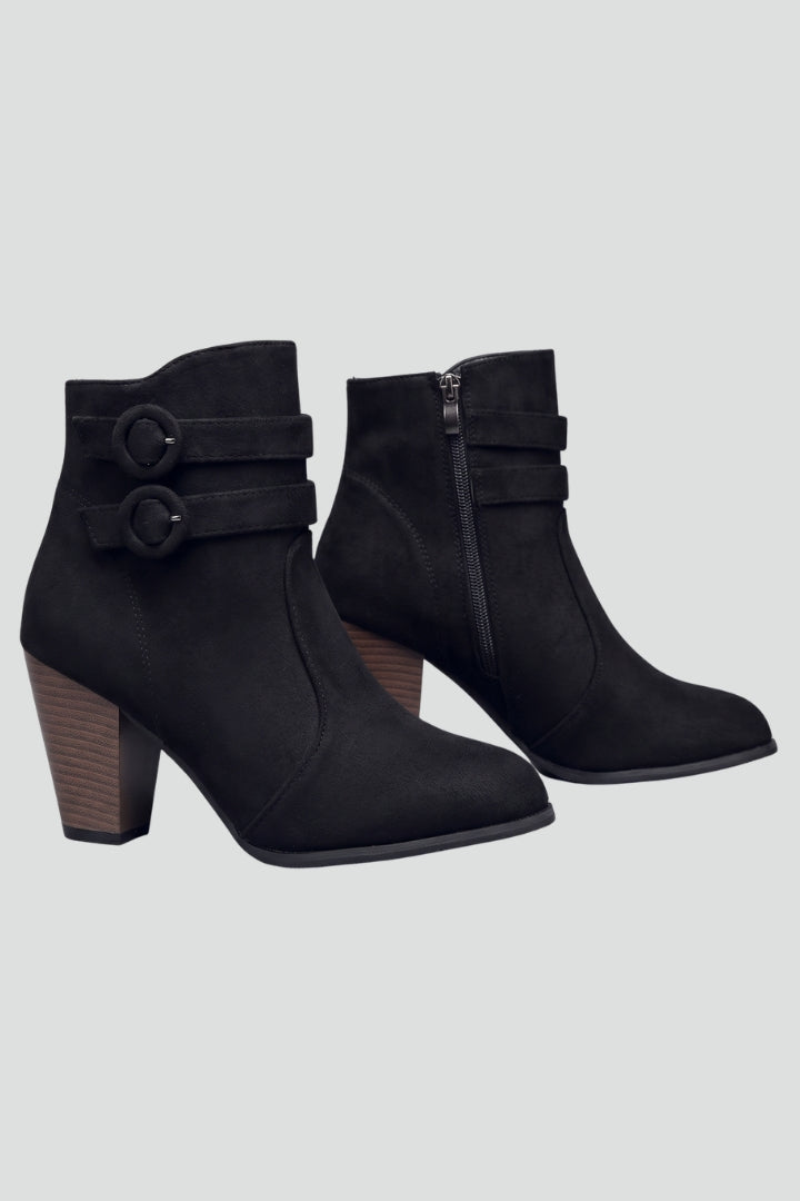Women's Leather Cowboy Boots with Buckle Detail and Sturdy Heel