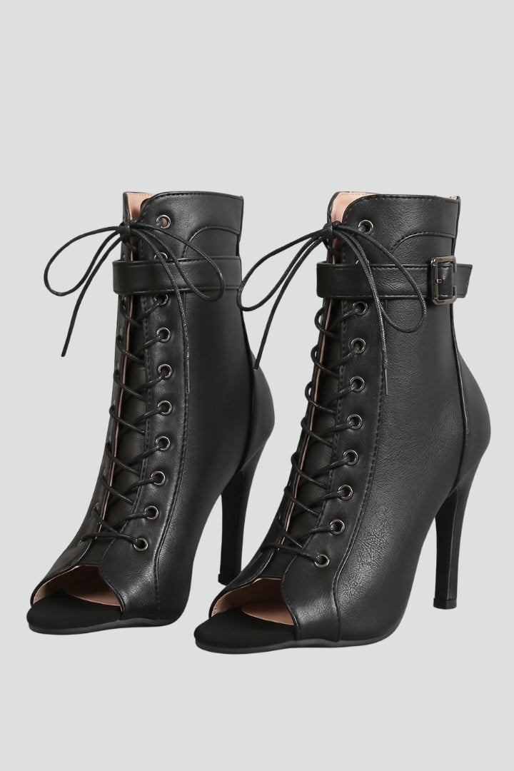 Women's Leather Heels with Open Toe and Strap Fastening