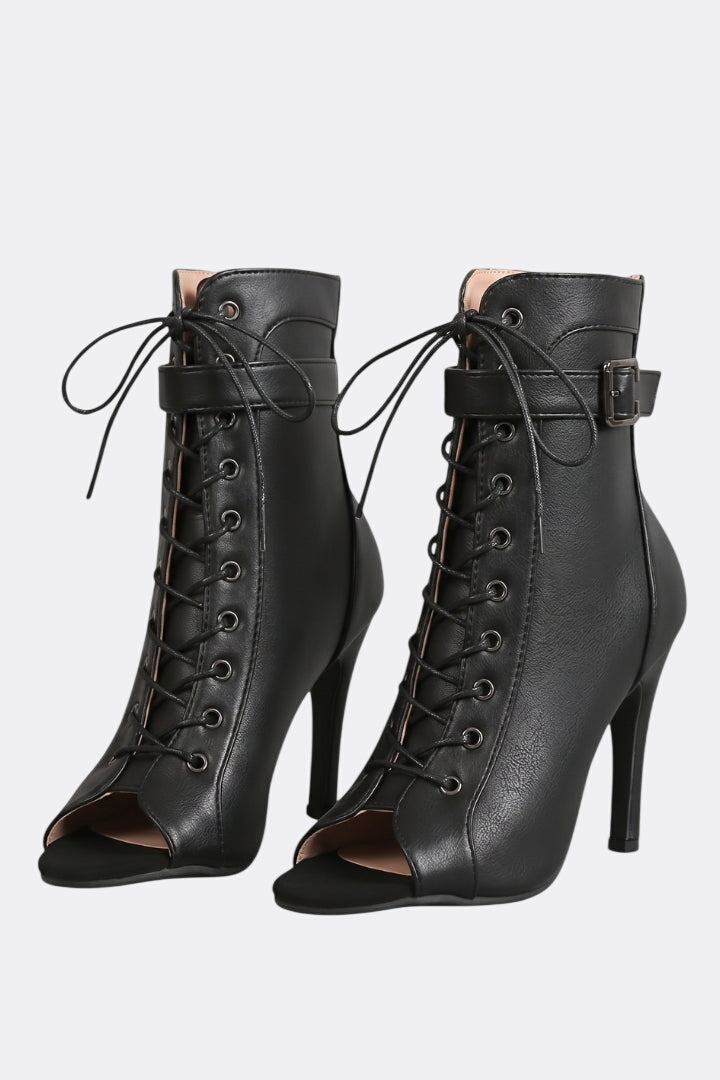 Women's Leather Heels with Open Toe and Strap Fastening