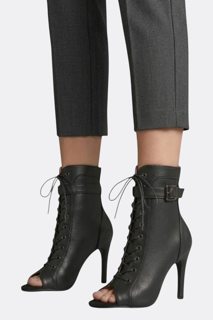 Women's Leather Heels with Open Toe and Strap Fastening