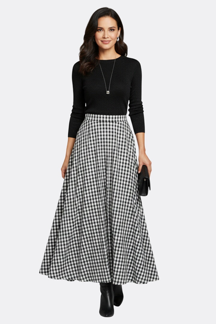 Women’s Maxi Skirt with High Waist and Check Pattern