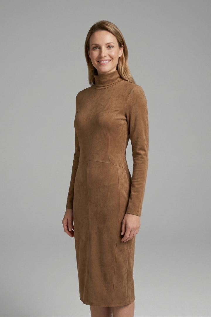Women’s Midi Dress with High Neck and Long Sleeves