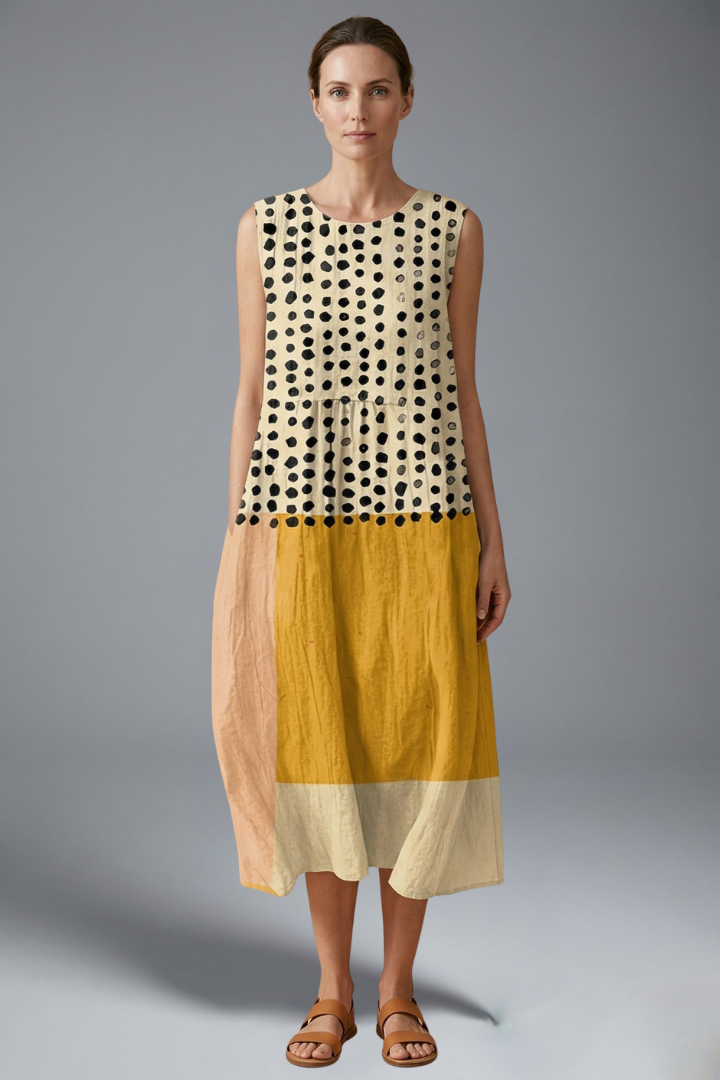Women’s Midi Dress with Polka Pattern and Colourblock Design