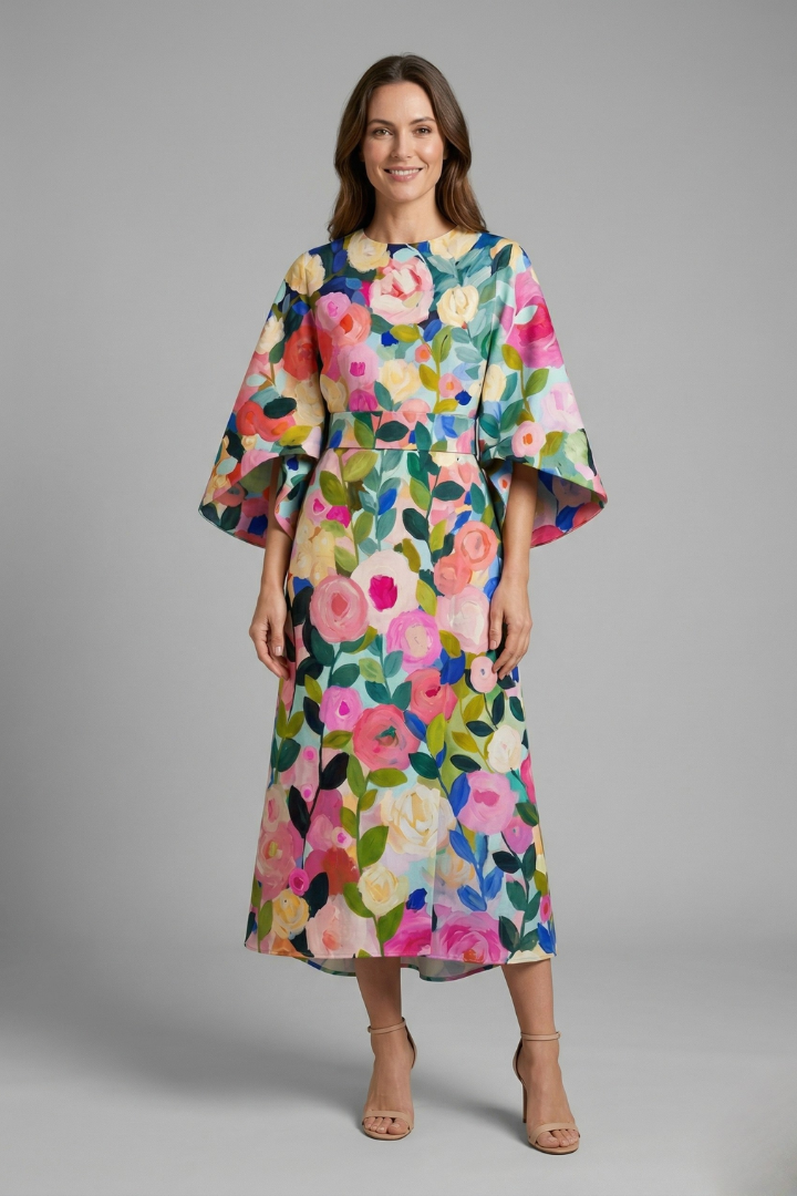 Women’s Midi Dress with Round Neck and Wide Sleeves