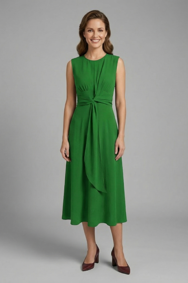 Women S Midi Dress With Sleeveless Design And Round Neckline