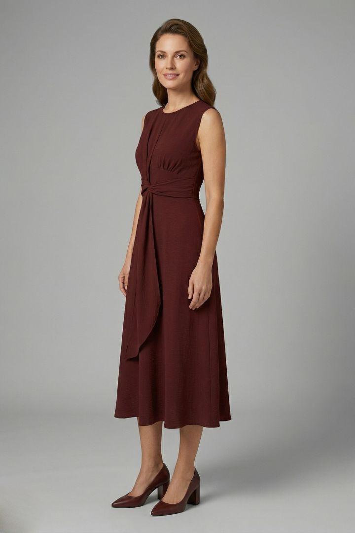 Women S Midi Dress With Sleeveless Design And Round Neckline