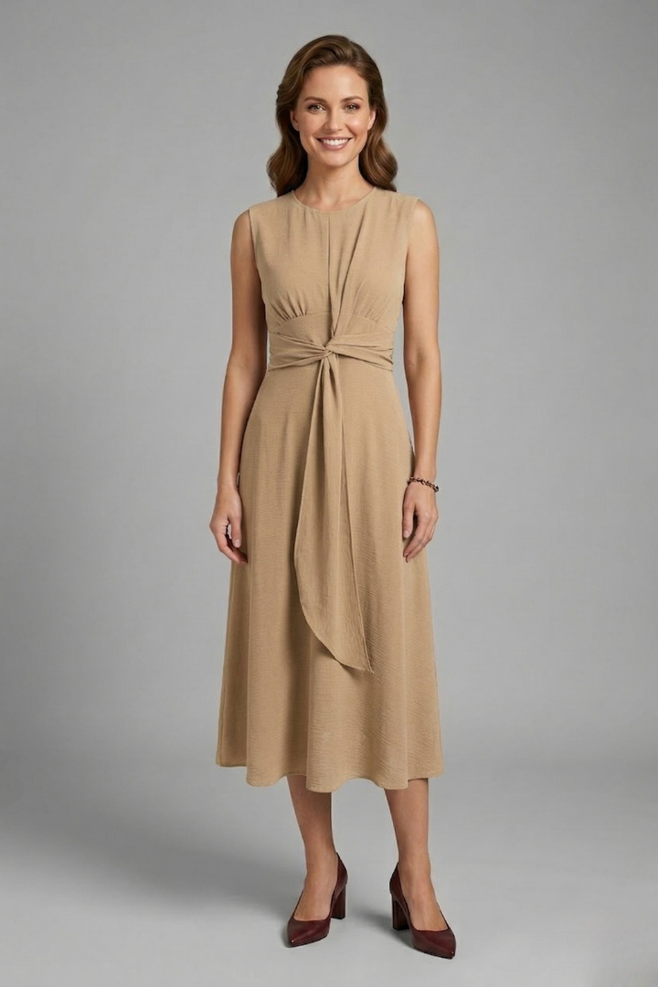 Women S Midi Dress With Sleeveless Design And Round Neckline