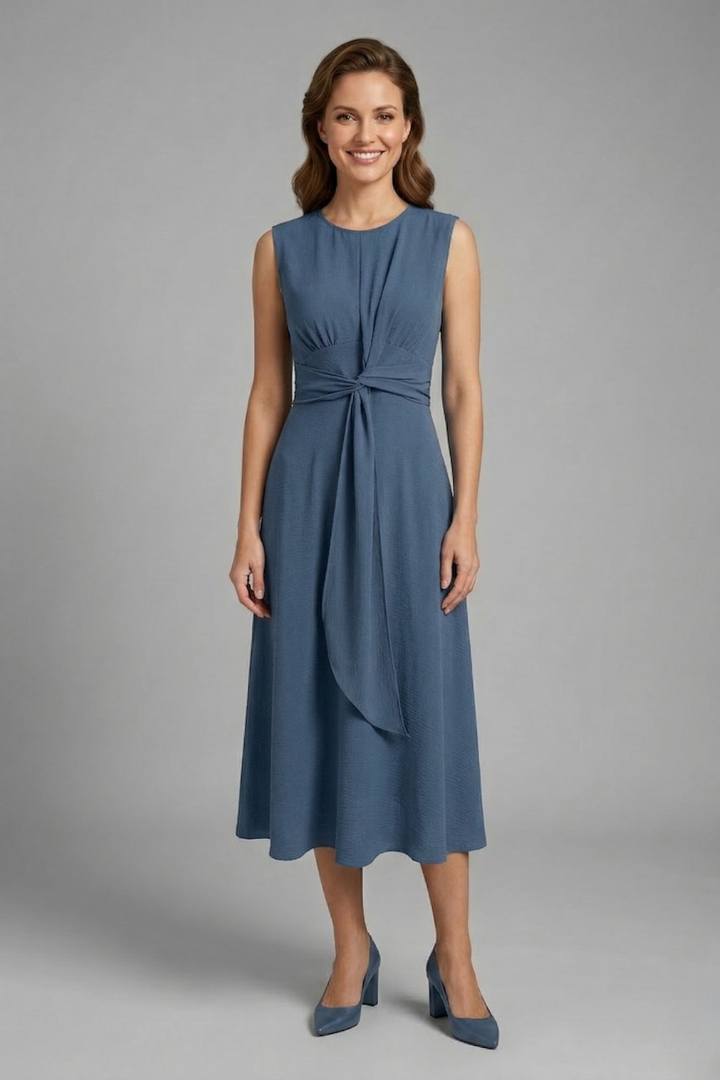 Women S Midi Dress With Sleeveless Design And Round Neckline