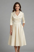 Women’s Midi Dress with V Neck and Pleated Waist