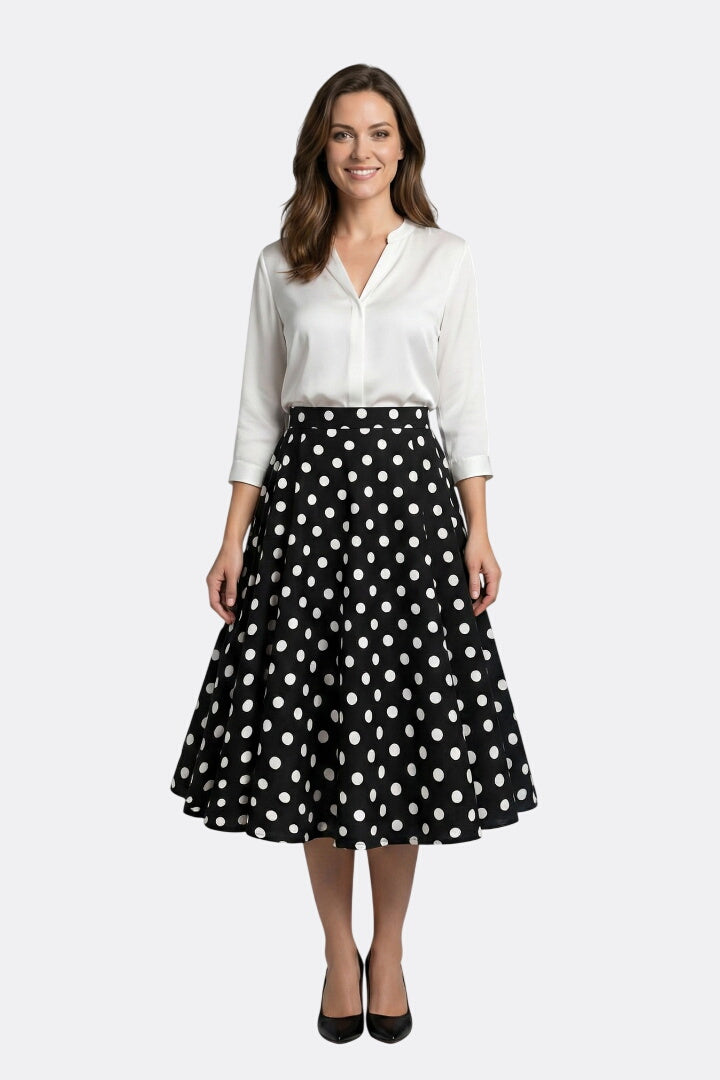 Women’s Midi Skirt with High Waist and Polka Dot Print