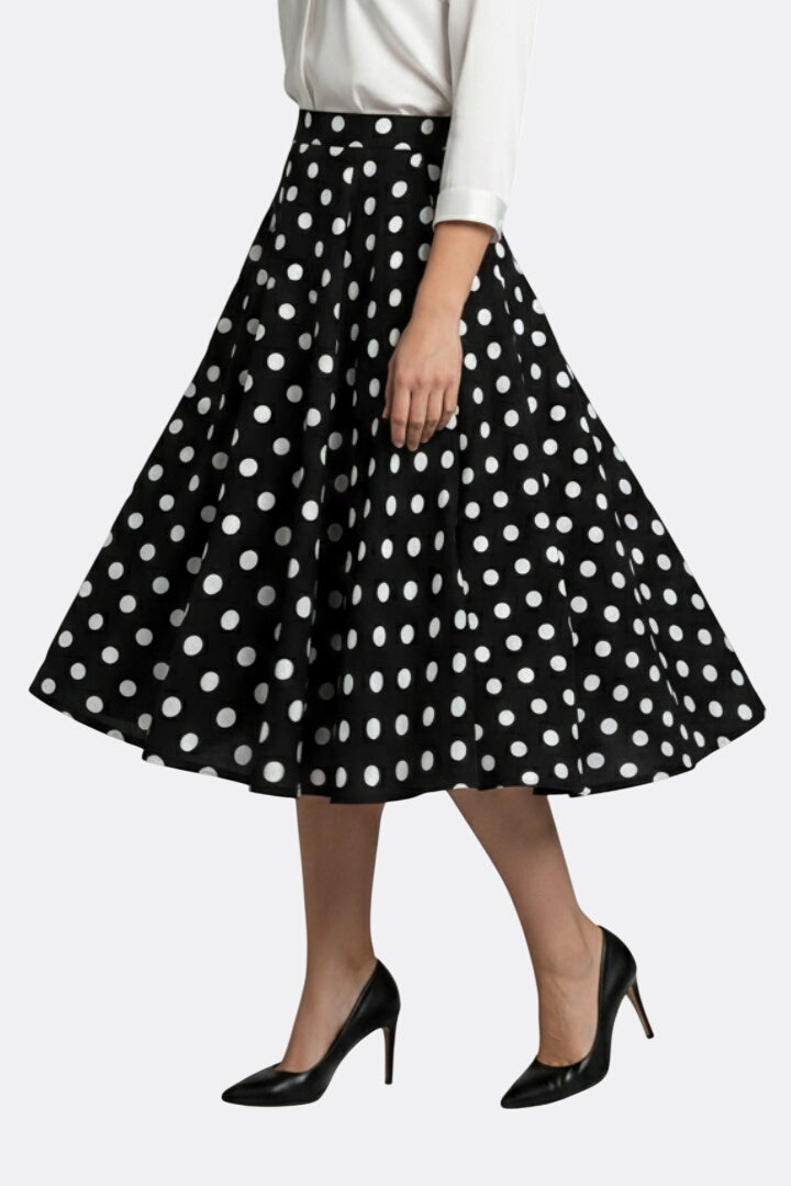 Women’s Midi Skirt with High Waist and Polka Dot Print