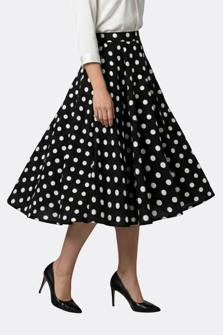 Women’s Midi Skirt with High Waist and Polka Dot Print