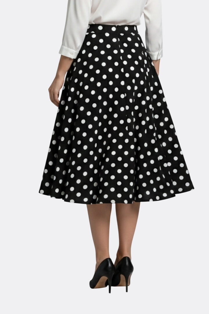 Women’s Midi Skirt with High Waist and Polka Dot Print