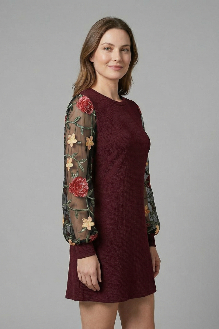 Women’s Mini Dress with Bishop Sleeves and Embroidered Detail
