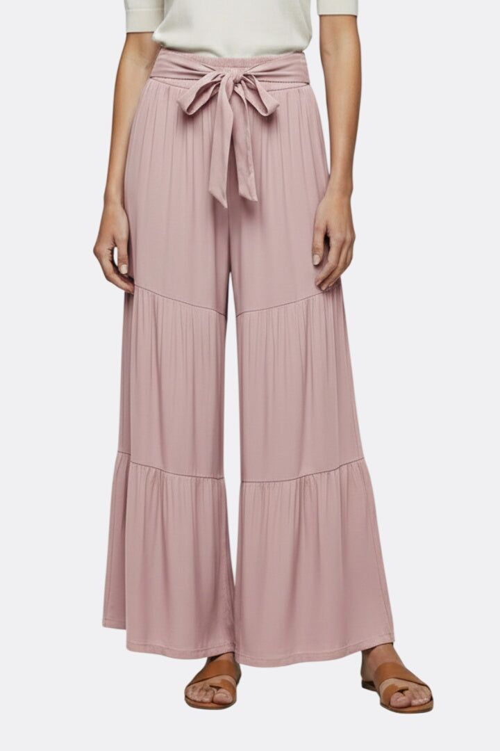 Women’s Palazzo Trousers with Drawstring Waist and Tiered Legs
