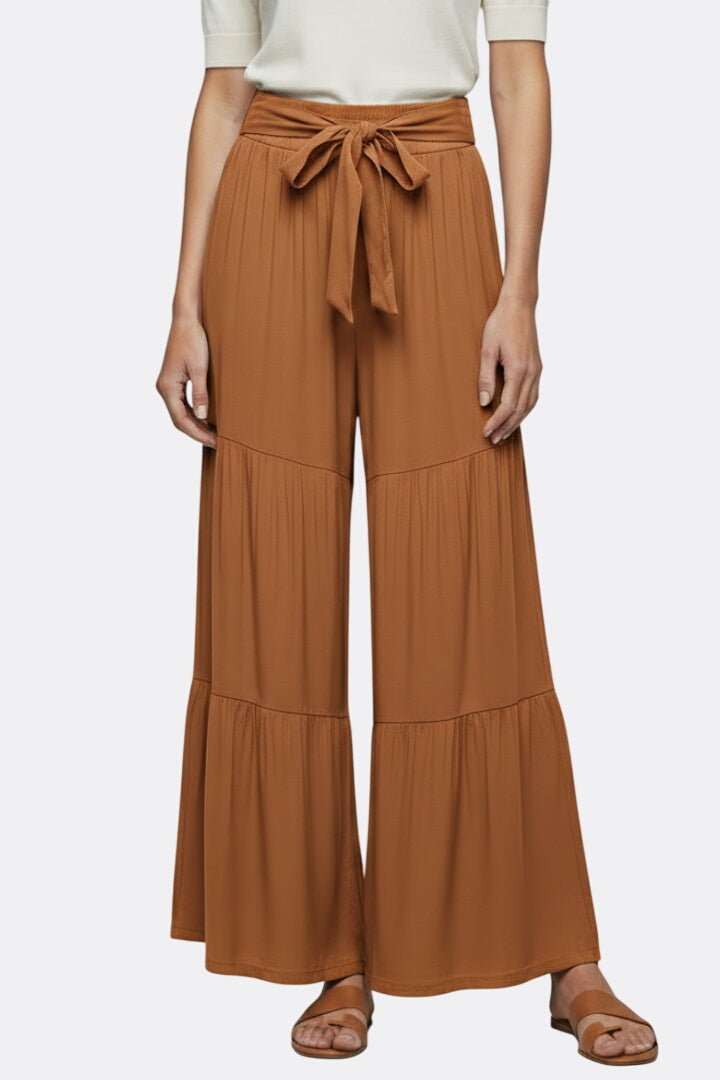 Women’s Palazzo Trousers with Drawstring Waist and Tiered Legs