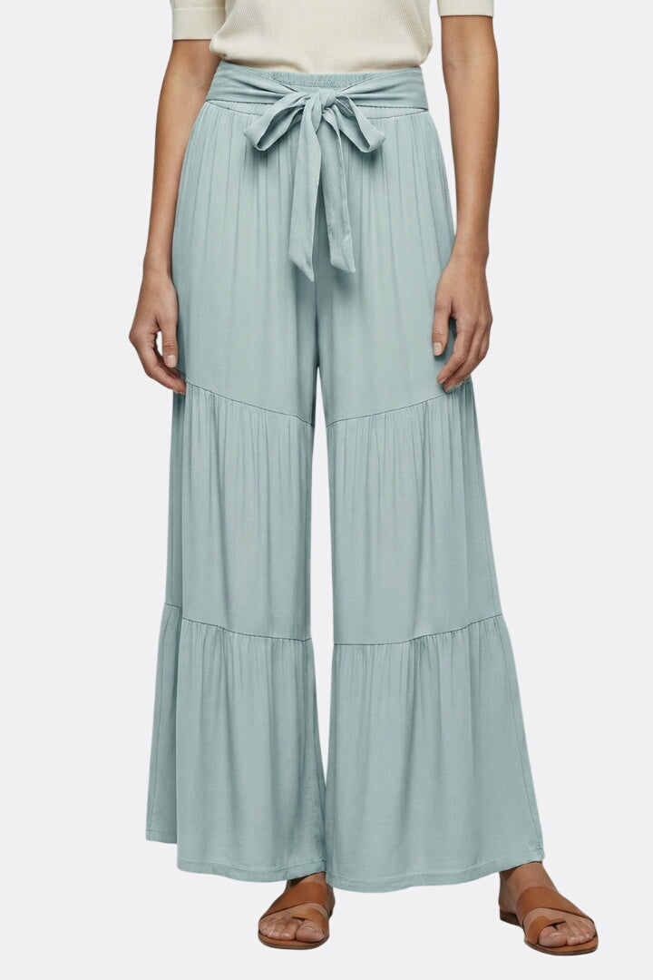 Women’s Palazzo Trousers with Drawstring Waist and Tiered Legs