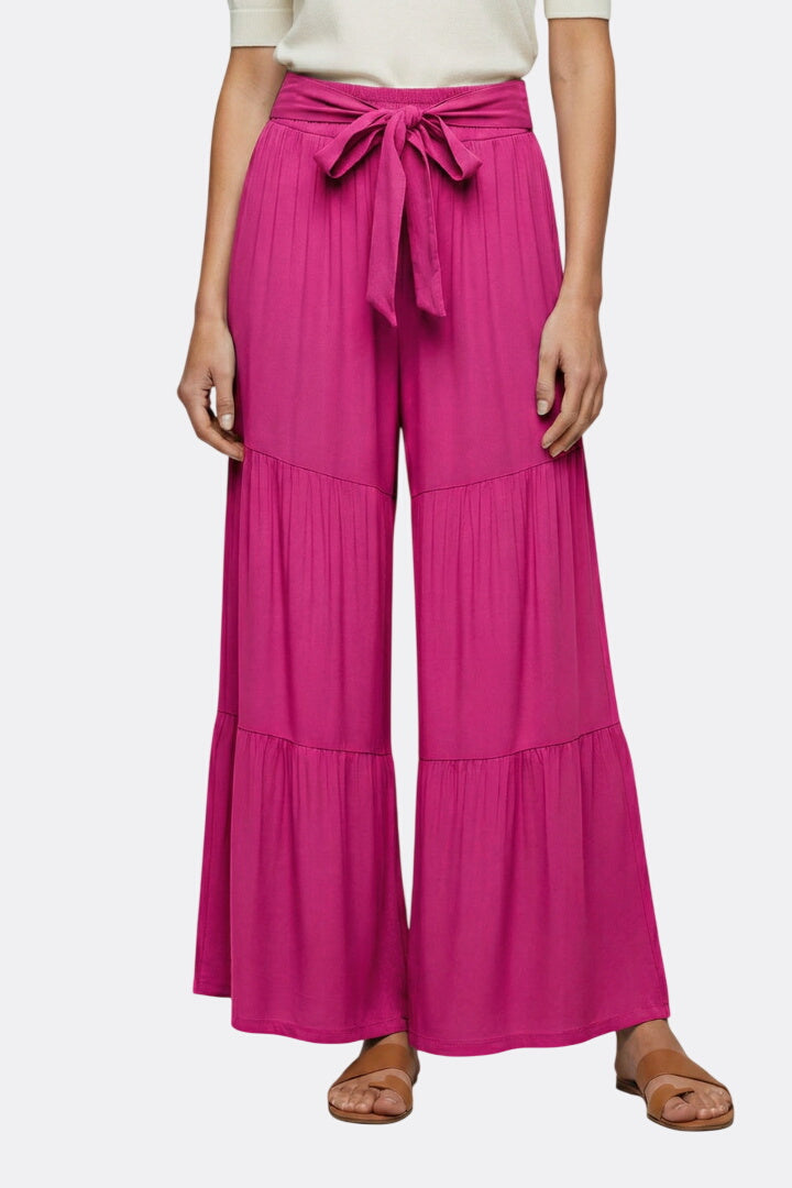 Women’s Palazzo Trousers with Drawstring Waist and Tiered Legs