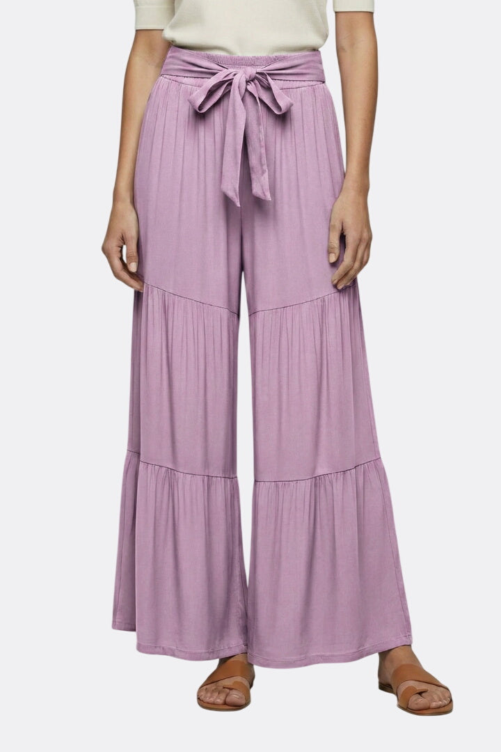 Women’s Palazzo Trousers with Drawstring Waist and Tiered Legs