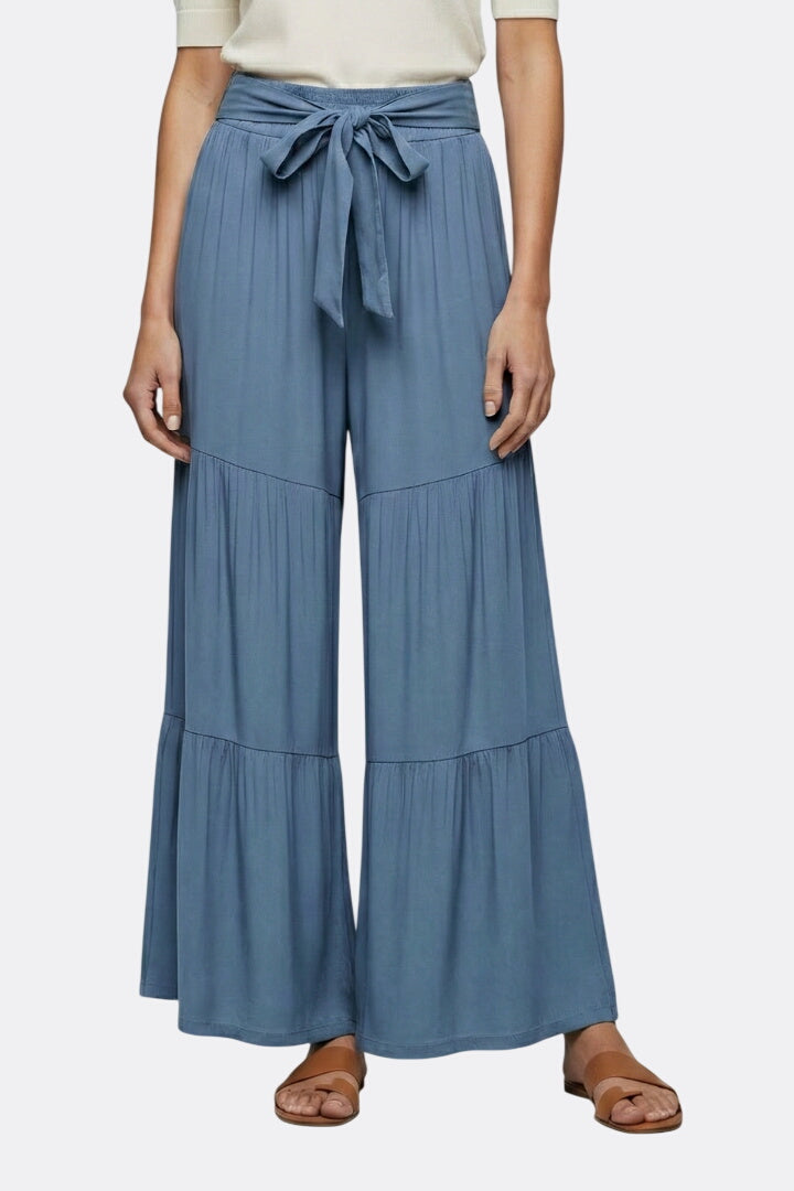 Women’s Palazzo Trousers with Drawstring Waist and Tiered Legs