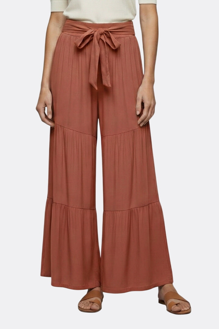 Women’s Palazzo Trousers with Drawstring Waist and Tiered Legs