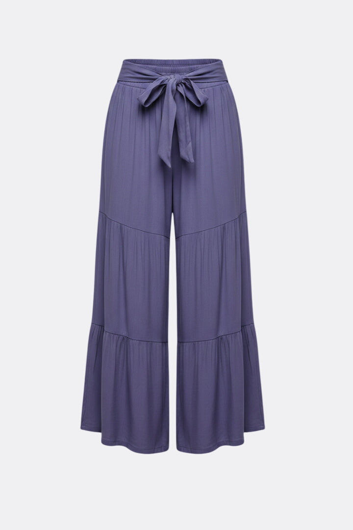 Women’s Palazzo Trousers with Drawstring Waist and Tiered Legs