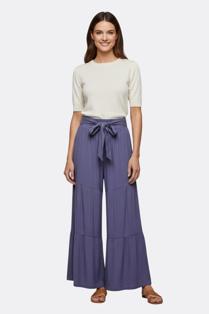 Women’s Palazzo Trousers with Drawstring Waist and Tiered Legs