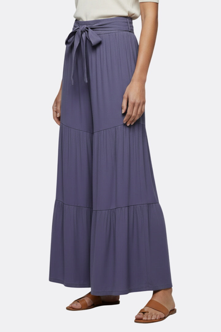 Women’s Palazzo Trousers with Drawstring Waist and Tiered Legs