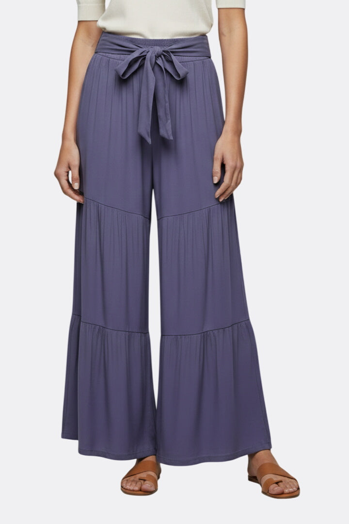 Women’s Palazzo Trousers with Drawstring Waist and Tiered Legs