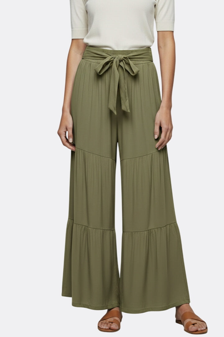 Women’s Palazzo Trousers with Drawstring Waist and Tiered Legs