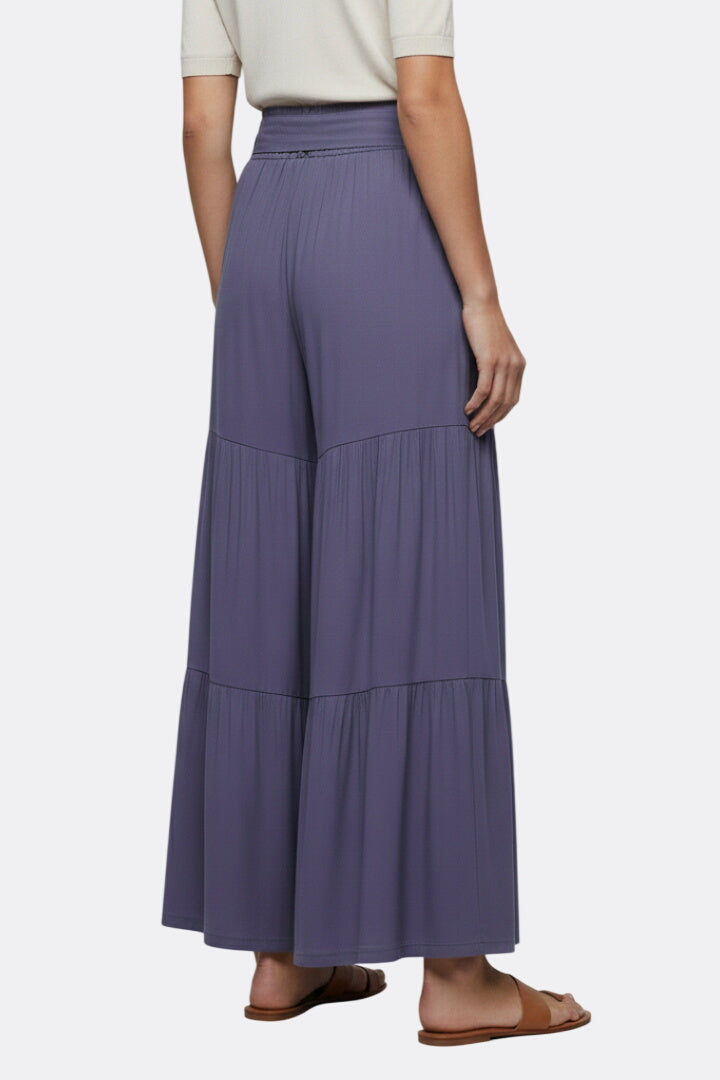 Women’s Palazzo Trousers with Drawstring Waist and Tiered Legs