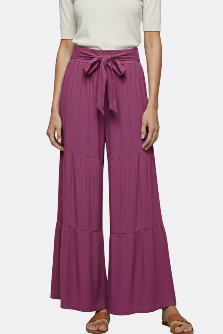 Women’s Palazzo Trousers with Drawstring Waist and Tiered Legs