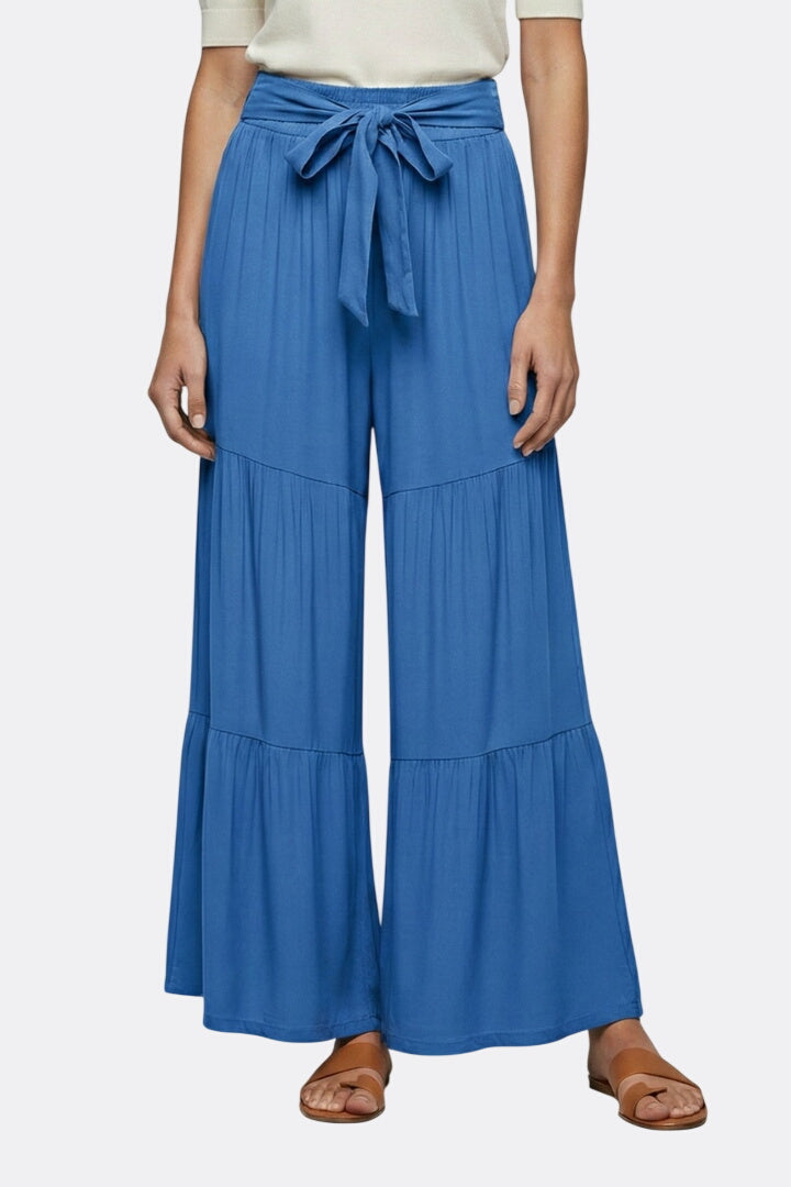 Women’s Palazzo Trousers with Drawstring Waist and Tiered Legs
