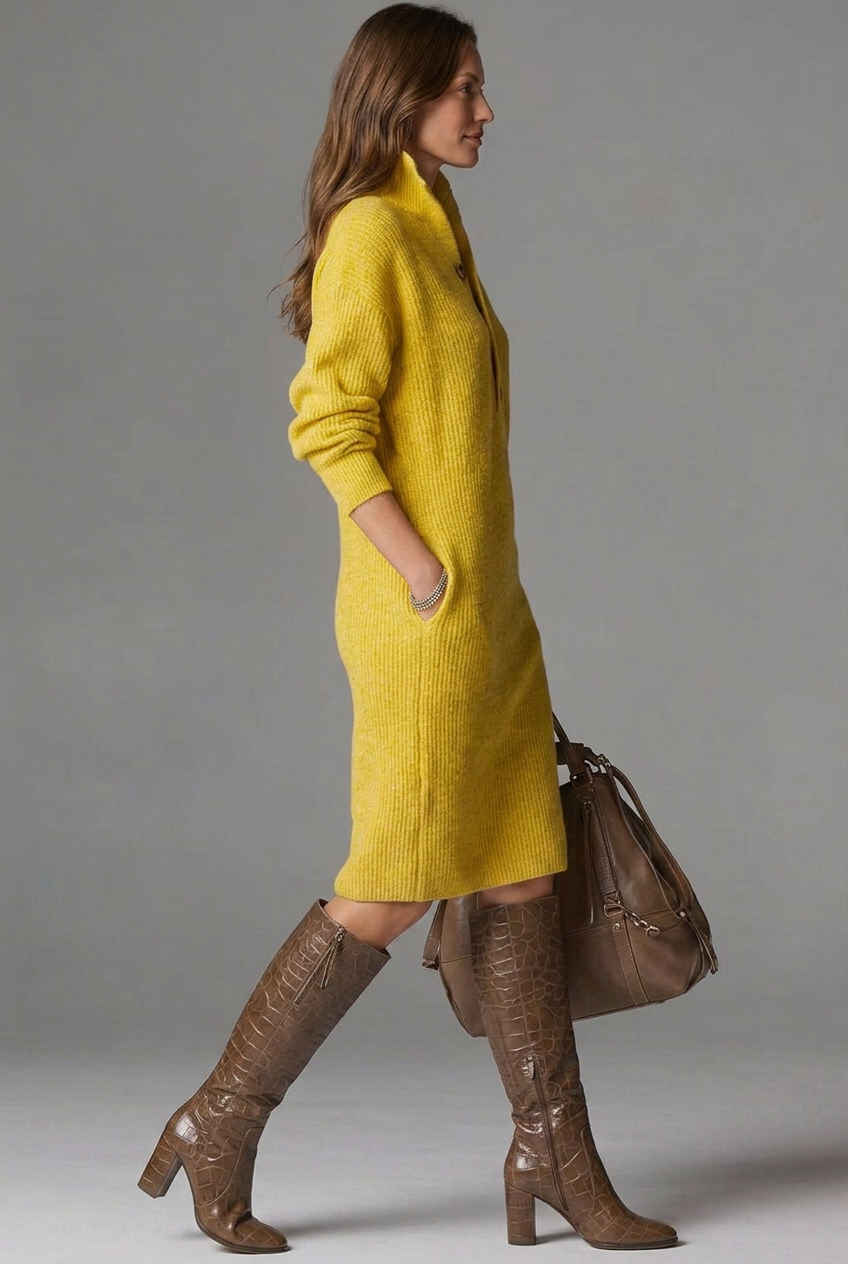 Women’s Ribbed Jumper Dress with High Collar and Button Placket