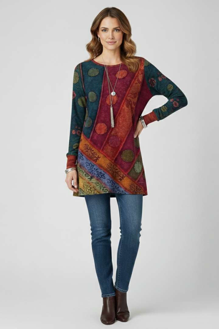 Women’s Tunic Top with Patchwork Pattern and Ribbed Cuffs