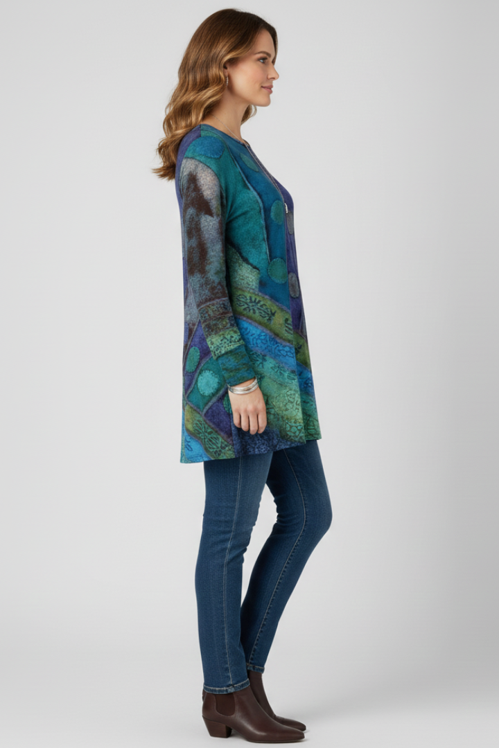 Women’s Tunic Top with Patchwork Pattern and Ribbed Cuffs