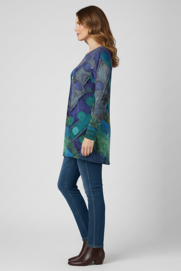 Women’s Tunic Top with Patchwork Pattern and Ribbed Cuffs