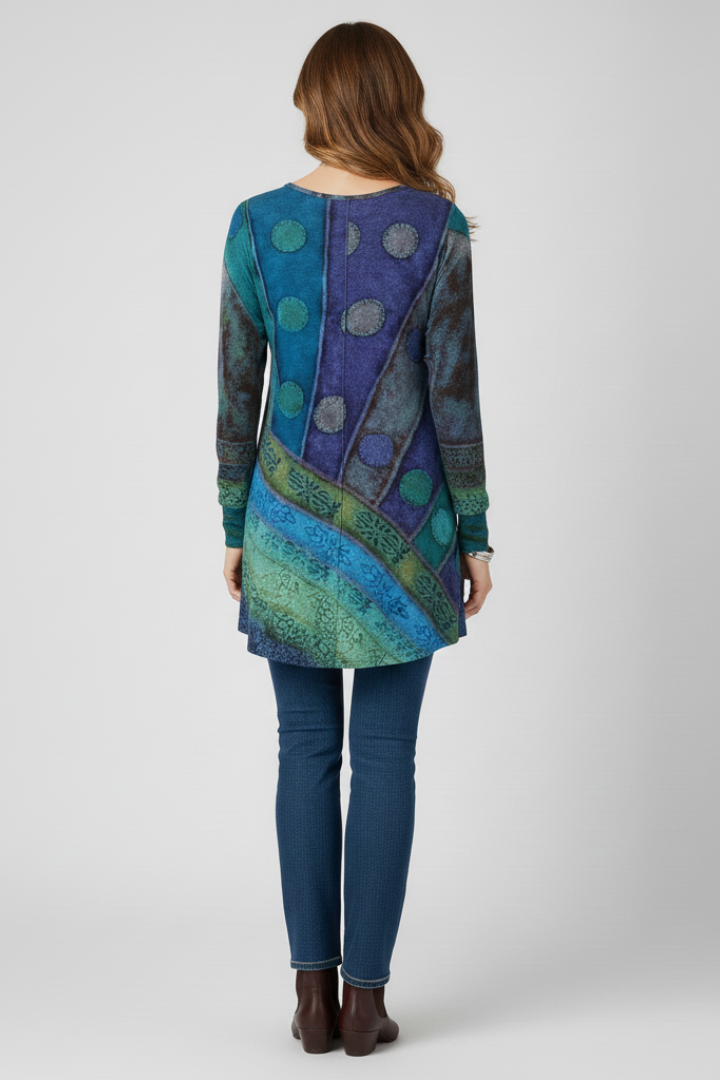 Women’s Tunic Top with Patchwork Pattern and Ribbed Cuffs