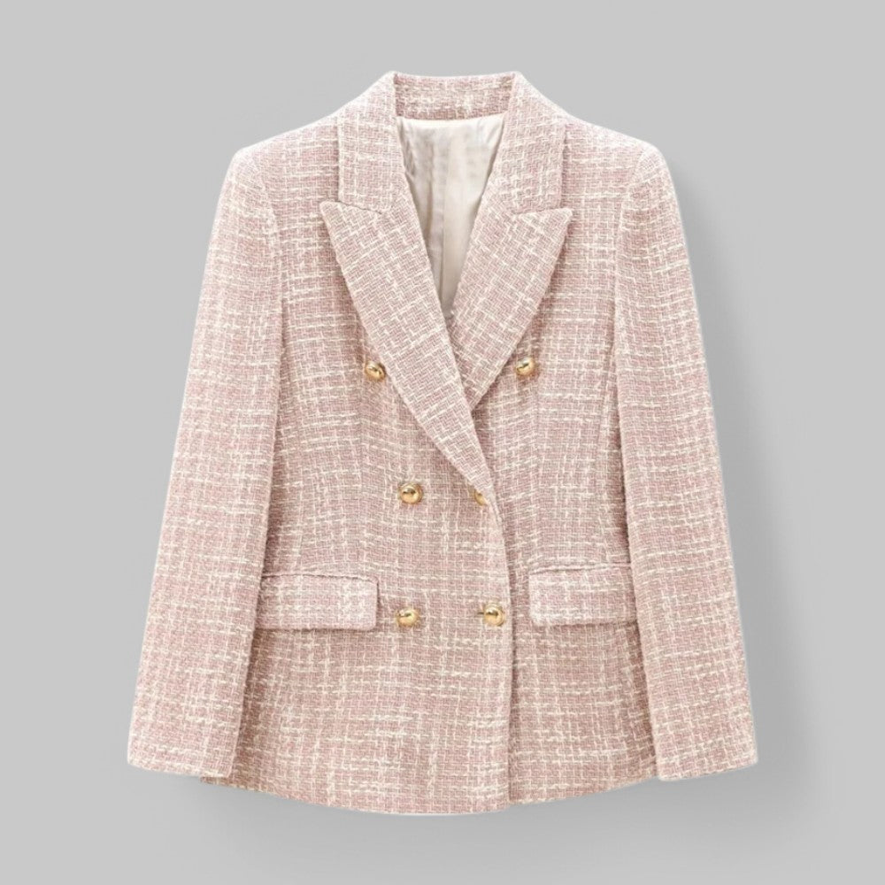 Celine | Double-Breasted Pink Tweed Blazer with Gold Buttons