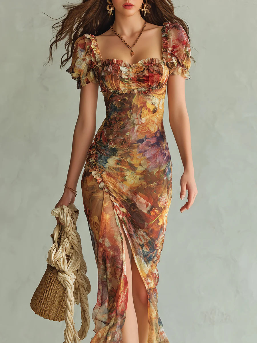 Viola | vestido chiffon naranja estampado bohemio
