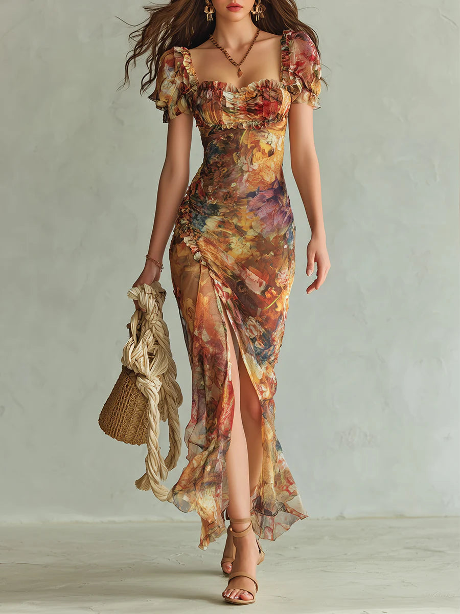 Viola | vestido chiffon naranja estampado bohemio