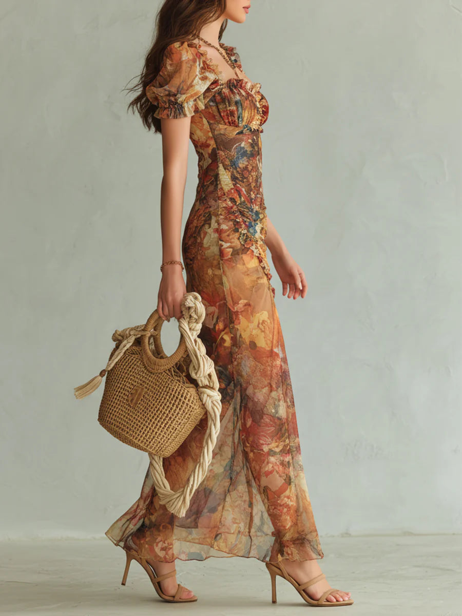 Viola | vestido chiffon naranja estampado bohemio