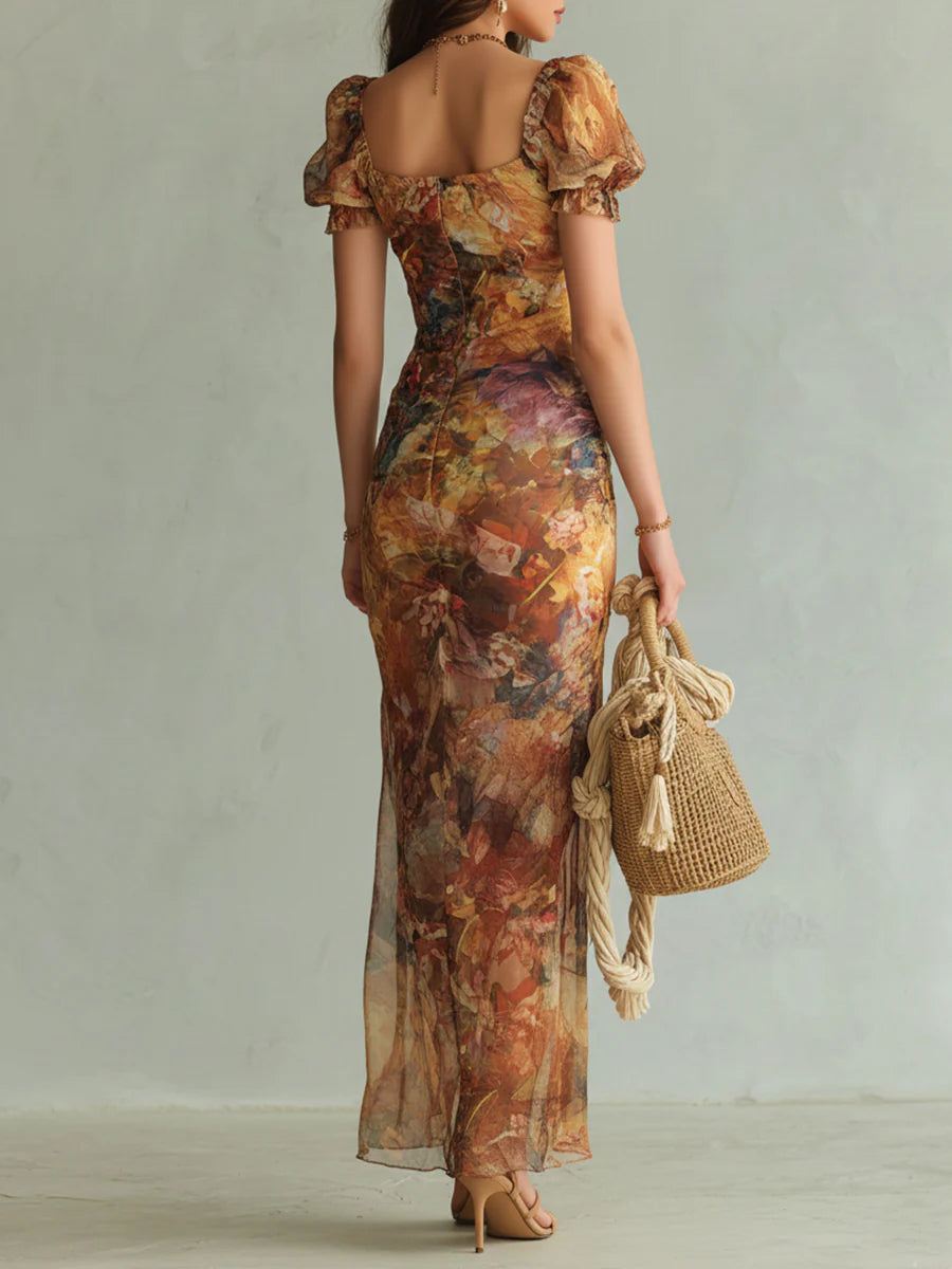Viola | vestido chiffon naranja estampado bohemio