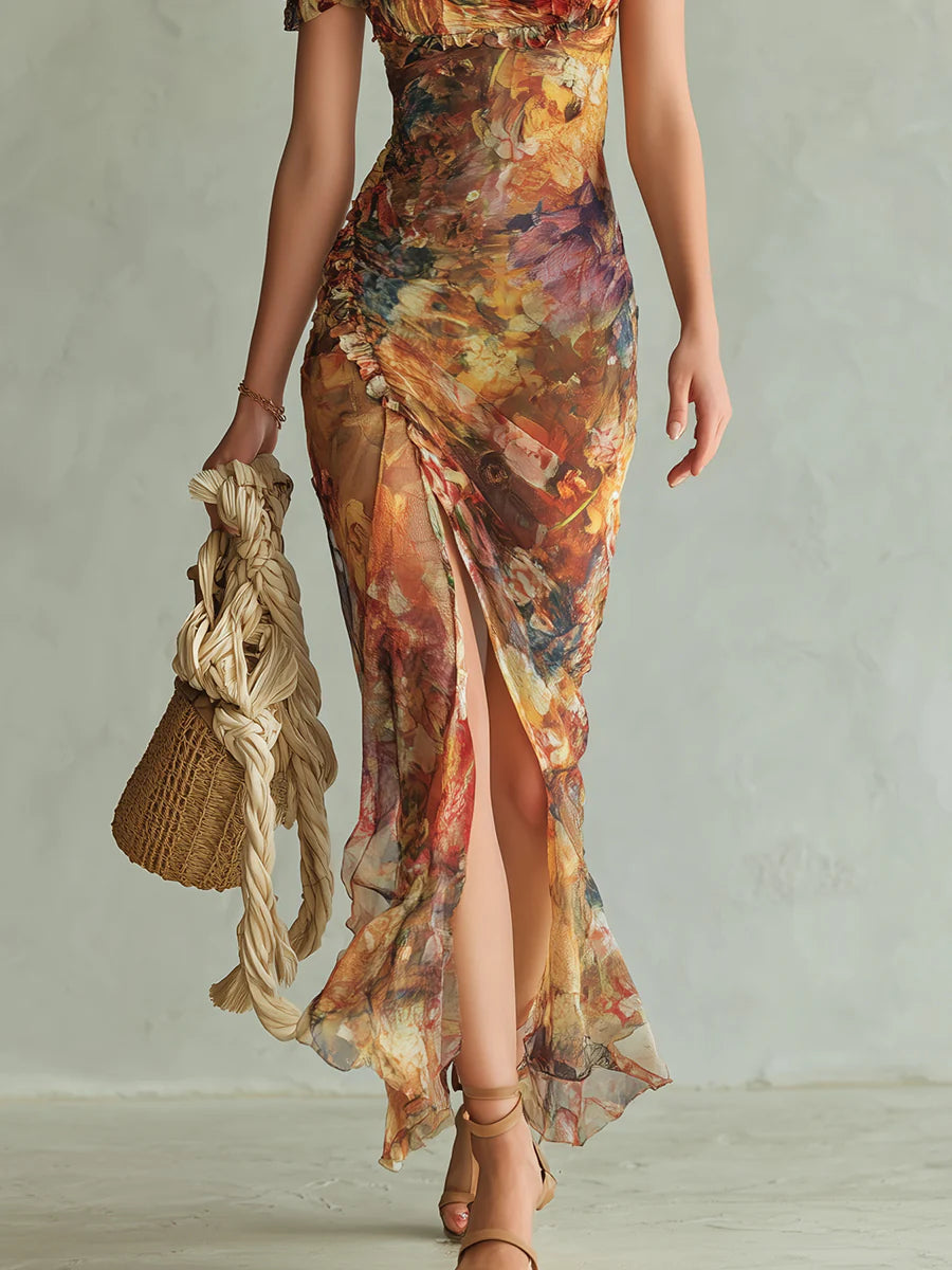 Viola | vestido chiffon naranja estampado bohemio