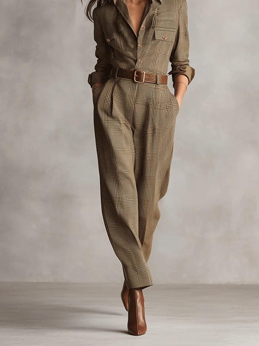 Adelina | Sophisticated Brown Tweed Textured Plaid Utility Jumpsuit