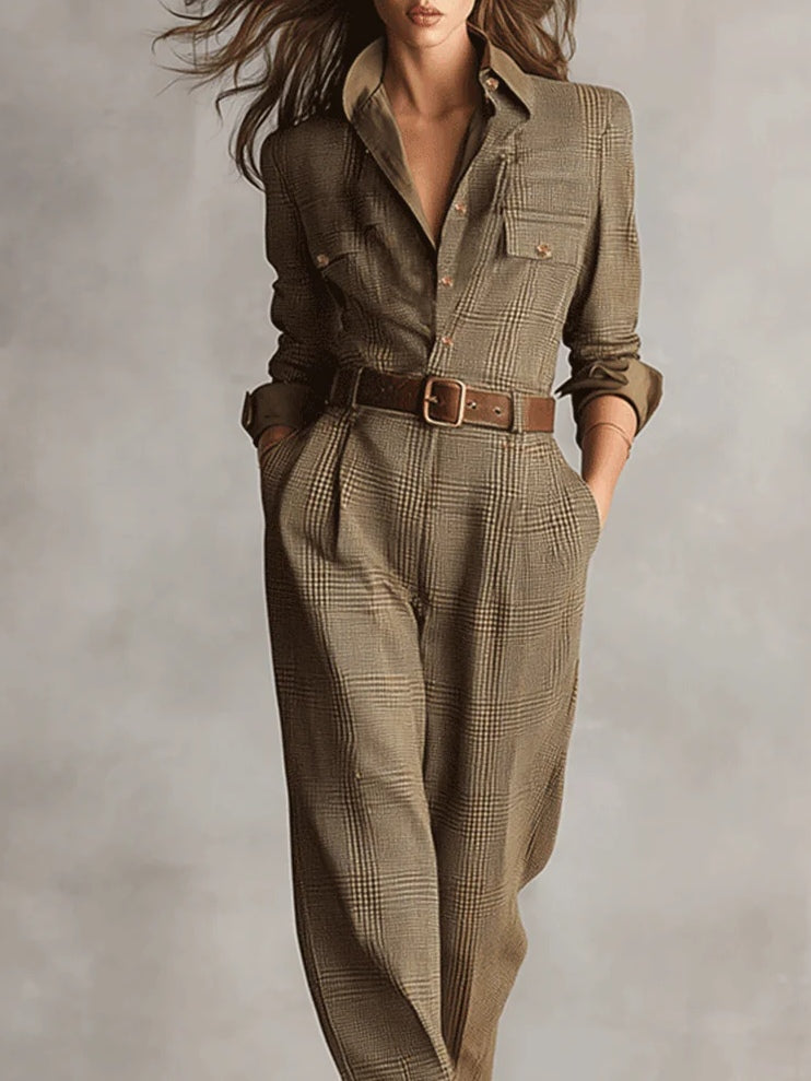 Adelina | Sophisticated Brown Tweed Textured Plaid Utility Jumpsuit