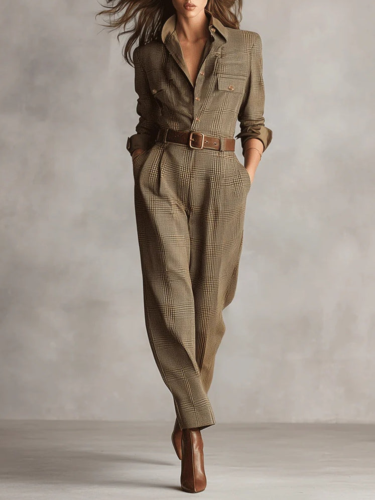 Adelina | Sophisticated Brown Tweed Textured Plaid Utility Jumpsuit